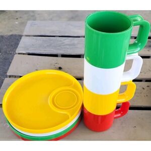 Vintage Ingrid Mini Snack Set 4 Plates and 4‎ Cups Melamine Colorful Mcm Plastic